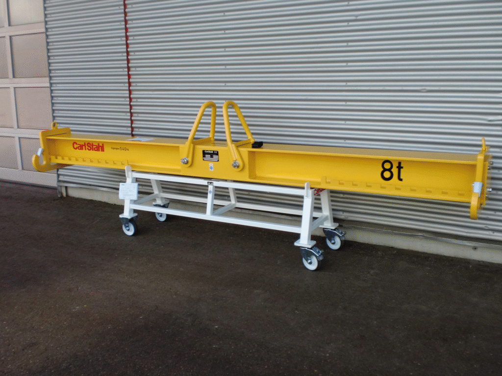 A 8t adjustable spreader beam, designed and fabricated by Carl Stahl. The beam has the Carl Stahl logo and 8t printed on the side.
