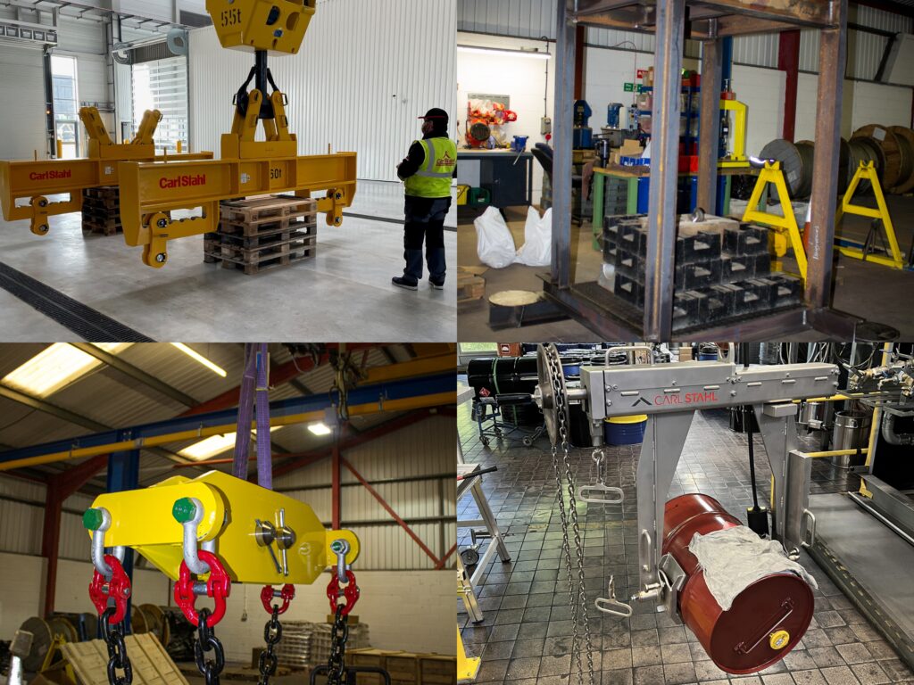 A collage of 4 photos all showing bespoke lifting equipment
